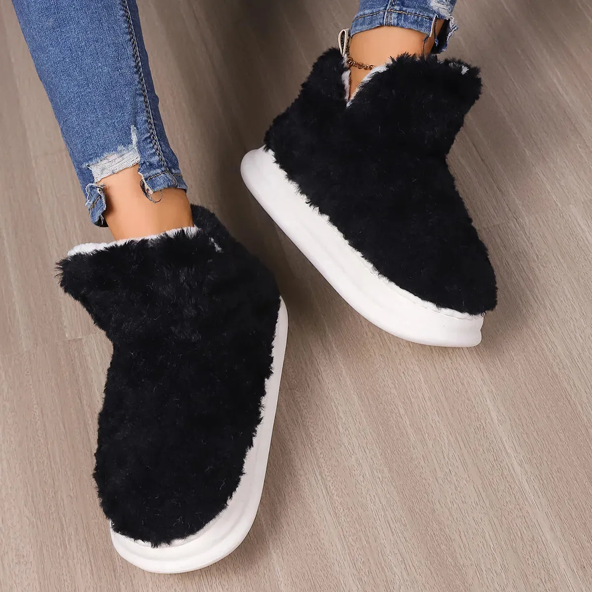Women Warm Fur Slippers Snow Boots Fluffy Footwear